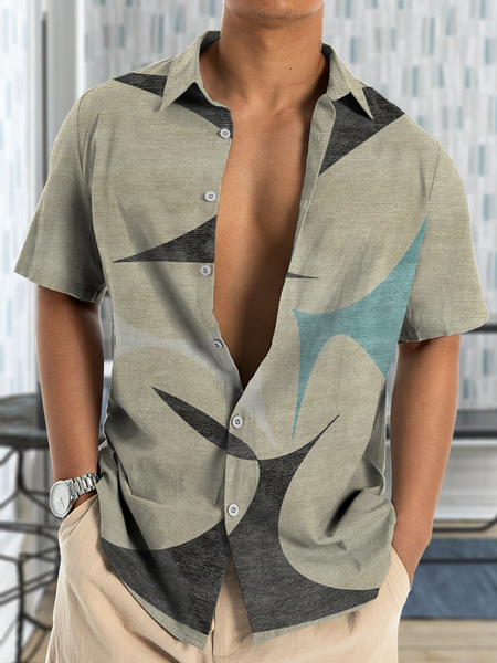 

Cotton and linen style of abstract geometry printing short sleeve shirt, As picture, Short Sleeve Shirts