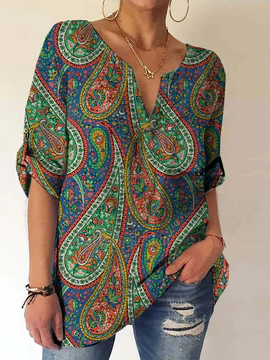 

Casual Paisley Autumn Polyester V neck Loose H-Line Regular Regular Size Tops for Women, Multicolor, Shirts & Blouses