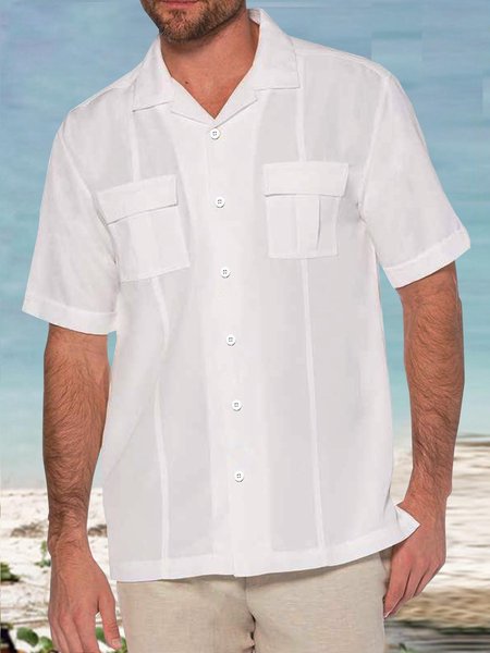 

Cotton Linen Short Sleeve Guayabella Shirt, White, Short Sleeve Shirts