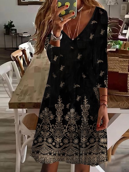 

Vintage Orientation Folk Floral Design V-Neck Knit Dress, Black, Dresses