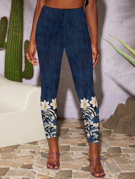 

Casual Skinny Floral Design Elastic Waist Leggings, Dark blue, Leggings