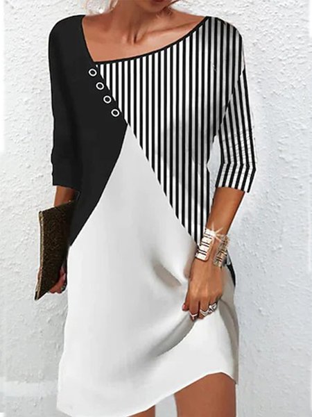 

Women Striped Casual Autumn Lightweight Daily Jersey Standard Three Quarter Sleeve Regular Size Tunic Dress, Black, Short