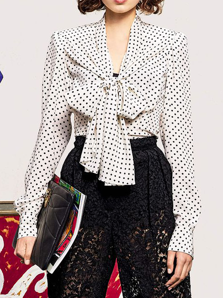 

Loose V Neck Long sleeve Polka Dots H-Line Blouse, White, Blouses and Shirts