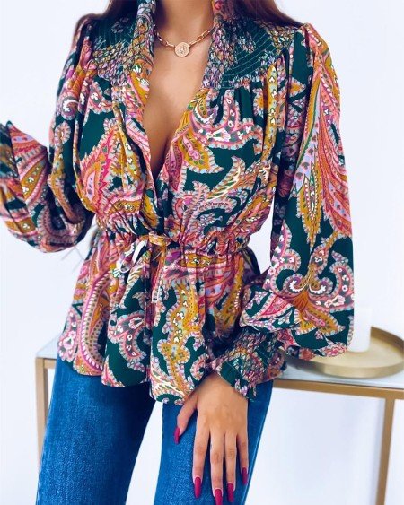 

Folk Paisley V-Neck Casual Blouse, As picture, Shirts & Blouses