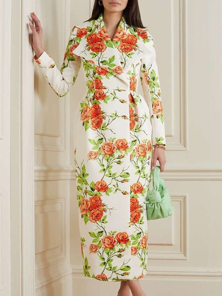 

Long sleeve Floral Shawl Collar Elegant Trench Coat, White, Coats