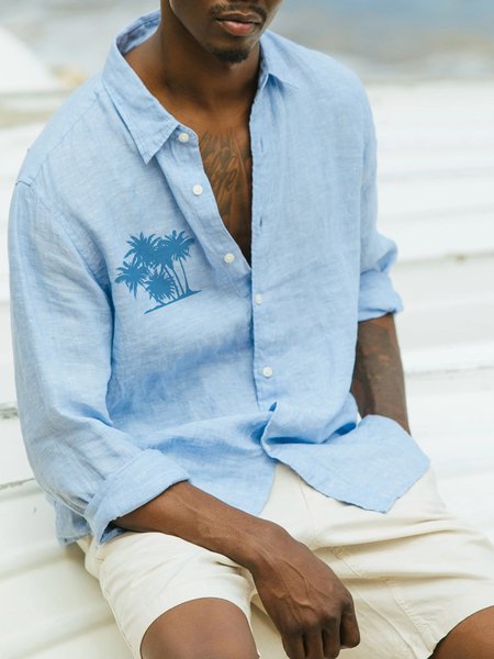 

Cotton And Linen Holiday Casual Long-sleeved Shirt, Blue, Long Sleeve Shirts