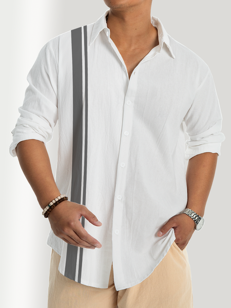 

Cotton and linen stripe style geometry leisure men long sleeve shirt, As picture, Long Sleeve Shirts