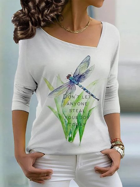 

Asymmetrical Regular Fit Casual Dragonfly T-Shirt, White, Tops