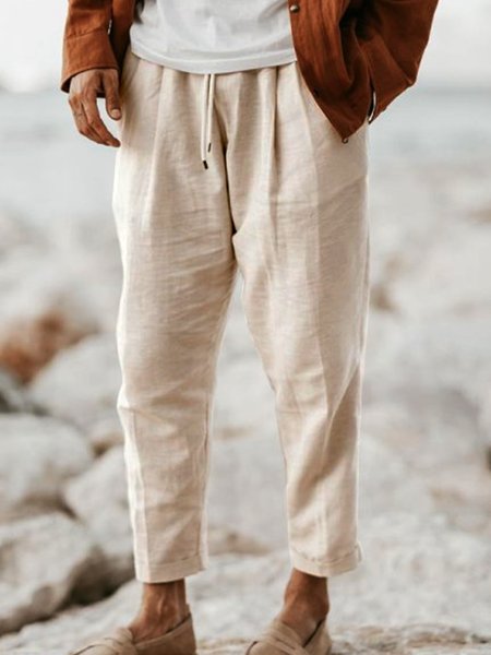 

Cotton and Linen Plain Hawaiian Casual Trousers, As picture, Men's pants