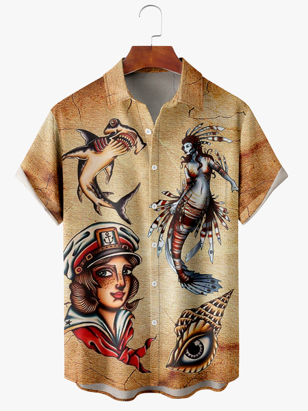 

Men's Mermaid Print Anti-Wrinkle Moisture Wicking Fabric Fashion Hawaiian Lapel Short Sleeve Shirts, Khaki, Short Sleeve Shirts