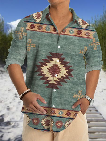 

Printed cotton and linen style national wind men long sleeve shirt, As picture, Short Sleeve Shirts