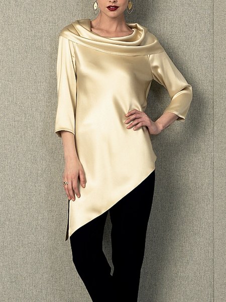 

Plain Autumn Elegant Polyester Micro-Elasticity Shawl Collar Regular Regular Regular Size Blouse for Women, Yellow, Blouses and Shirts