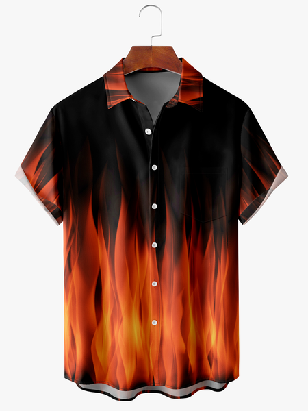 

Mens Halloween Fire Print Anti-Wrinkle Short Sleeve Shirt Moisture Wicking Hawaiian Top, Black, Short Sleeve Shirts