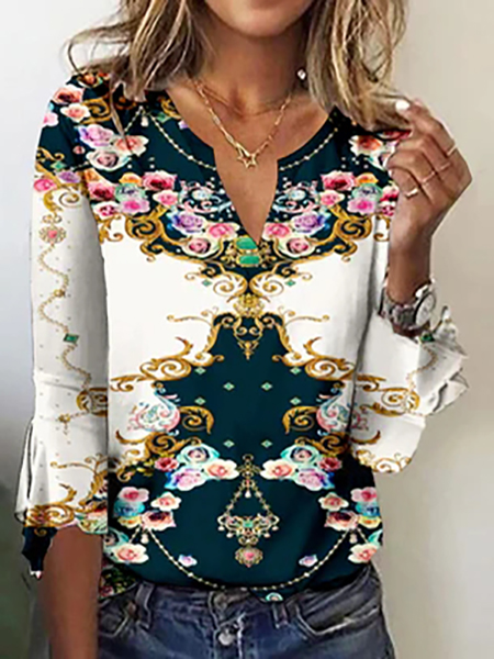 

Floral Casual V Neck T-Shirt, Multicolor, T-Shirts