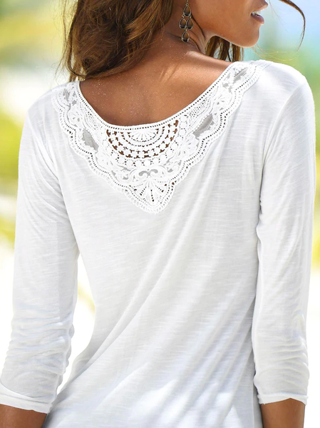 

Women Casual Plain Autumn Daily Lace Regular H-Line Medium Elasticity Regular Size T-shirt, White, Tops