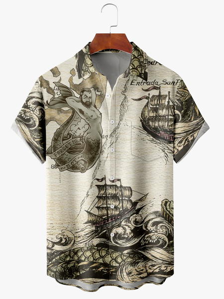 

Men's Mermaid Print Anti-Wrinkle Moisture Wicking Fabric Fashion Hawaiian Lapel Short Sleeve Shirts, Khaki, Short Sleeve Shirts