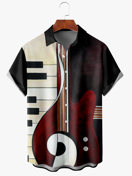 

Men's Music Print Anti-Wrinkle Moisture Wicking Fabric Fashion Hawaiian Lapel Short Sleeve Shirts, Black, Short Sleeve Shirts