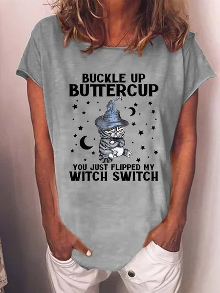 

Women's Halloween Witch Black Cat Cotton-Blend T-shirt, Gray, T-shirts