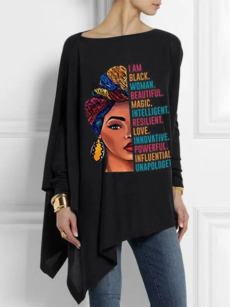 

Women Abstract Autumn Urban Micro-Elasticity Daily Jersey Boat Neck Regular Regular Size T-shirt, Black, Tees