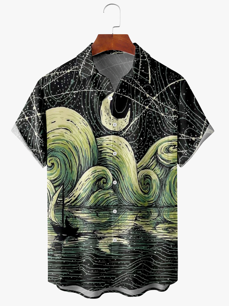 

Men's Wave Print Anti-Wrinkle Moisture Wicking Fabric Fashion Hawaiian Lapel Short Sleeve Shirts, Black, Short Sleeve Shirts