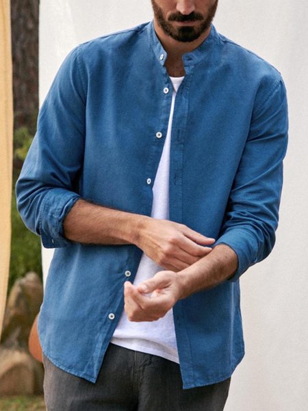 

Cotton Linen Plain Color Casual Long Sleeve Shirt, Deep blue, Long Sleeve Basic Shirts