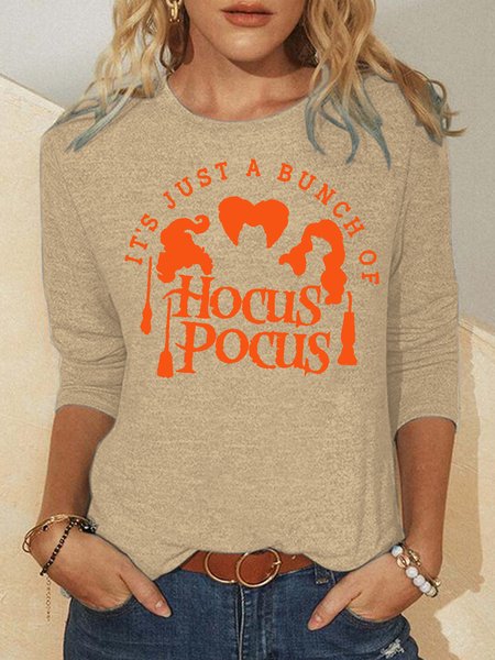 

Womens Halloween Hocus Pocus Witch Crew Neck Casual Tops, Apricot, Long sleeves