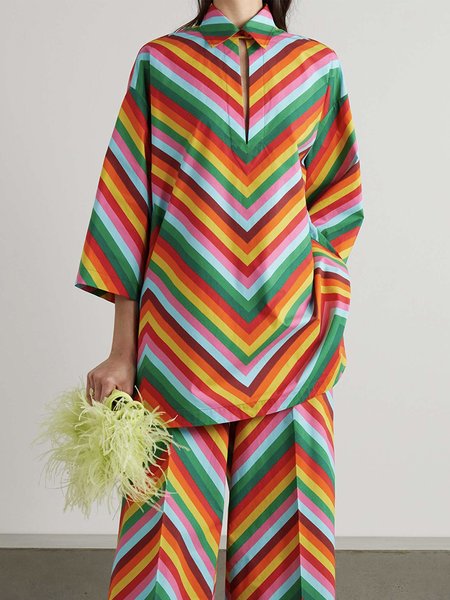 

Urban Shirt Collar Striped Loosen Blouse, Multicolor, Blouses and Shirts