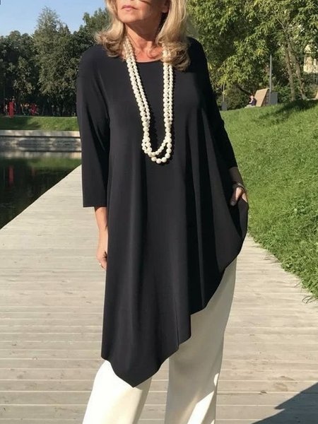 

Plain Crew Neck Casual Daily Long Top, Black, Tops