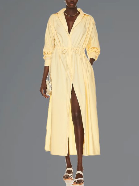 

Casual Plain Autumn Natural No Elasticity Daily Midi X-Line Shirt Collar Dresses for Women, Yellow, Midi Dresses