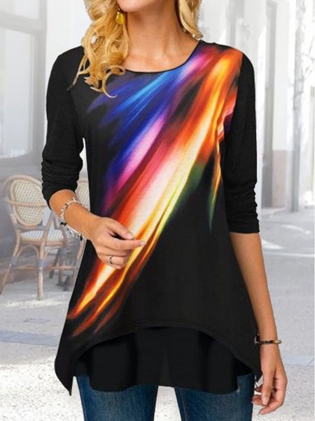 

Casual Gradient Pattern Autumn Lightweight Daily Regular Fit Jersey Crew Neck X-Line Top for Women, Black, Blouses & Shirts