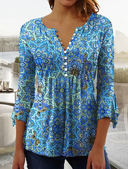 

V Neck Ethnic Casual Top Casual 3/4 Sleeve Paisley Print Blouse, Blue, Shirts & Blouses