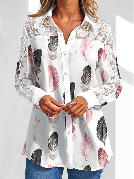 

Casual Feather Pattern Blouse, White, Shirts & Blouses
