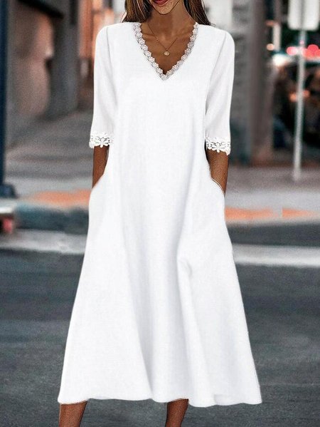 

Women Casual Plain Autumn V neck Natural Daily Half sleeve Regular Regular Size Dresses, White, Dresses