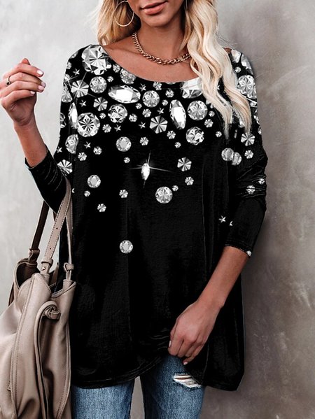 

Women Geometric Casual Autumn Micro-Elasticity Loose Jersey Regular Regular Regular Size Tops, Black, Tunics