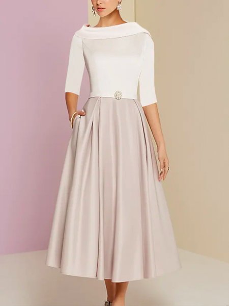 

Color Block Autumn Elegant Polyester Zipper No Elasticity Regular Fit 1 * Dress X-Line Dresses for Women, Pink, Midi Dresses