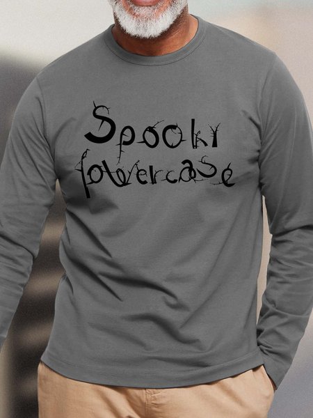 

Men Spooky Letters Casual Loose Cotton T-Shirt, Gray, Long Sleeves