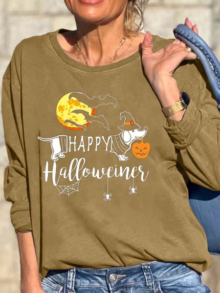 

Women Happy Halloween Dog Bats Loose Crew Neck Casual Sweatshirts, Khaki, Hoodies&Sweatshirts