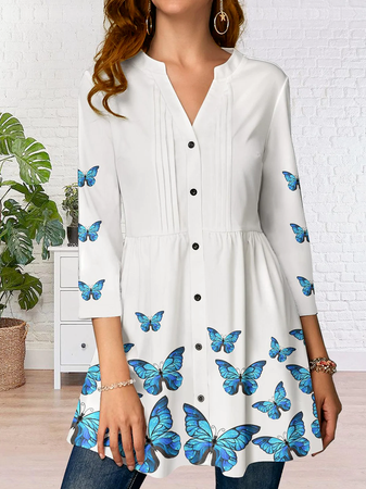 

Women Casual Autumn Butterfly V neck No Elasticity Daily Long sleeve Cotton-Blend Regular Blouse, White, Blouses & Shirts
