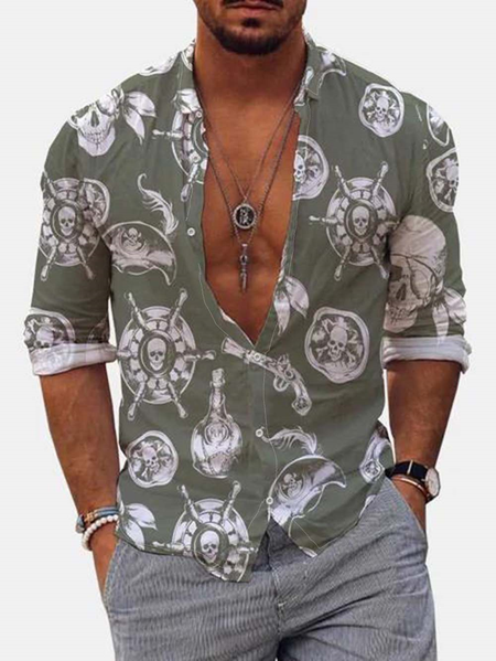 

Cotton Linen Geometric Print Casual Long Sleeve Shirt, As picture, Long Sleeve Shirts