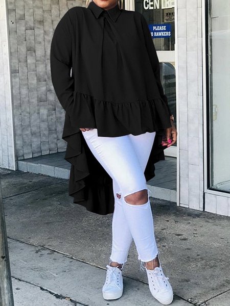 

Women Plain Simple Autumn Daily Long sleeve Regular H-Line Regular Regular Size Blouse, Black, Blouses and Shirts