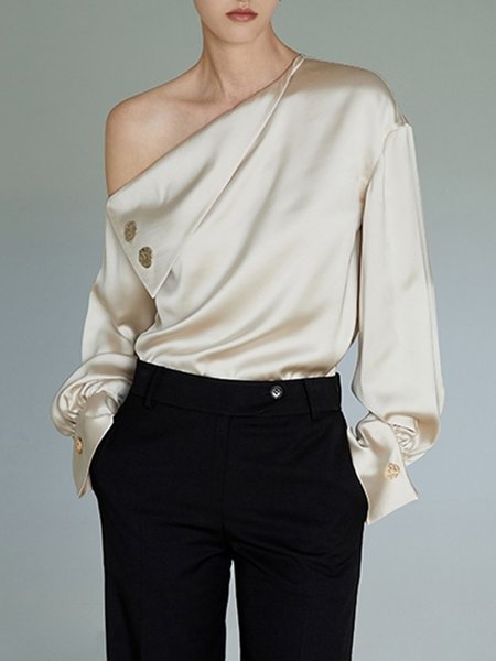

Women Plain Autumn Urban Satin Natural Daily Long sleeve Regular Regular Size Blouse, Apricot, Blouses and Shirts