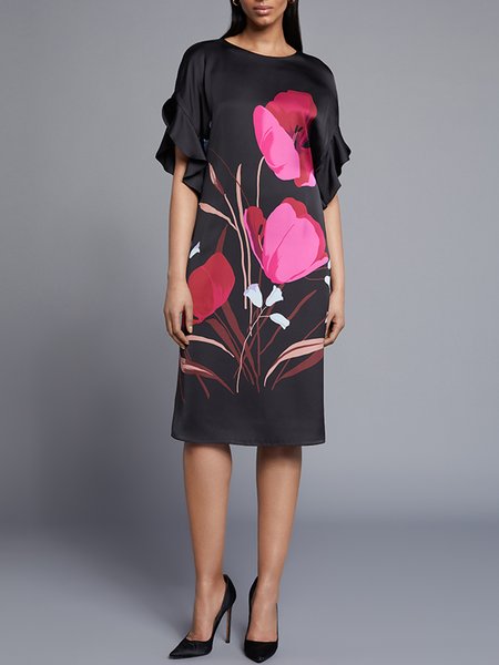 

Women Floral Summer Elegant Polyester Natural No Elasticity Daily Regular Fit Half sleeve Dresses, Black, Midi Dresses