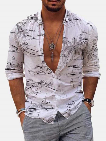 

Cotton Linen Hawaii Resort Casual Long Sleeve Shirt, As picture, Long Sleeve Shirts