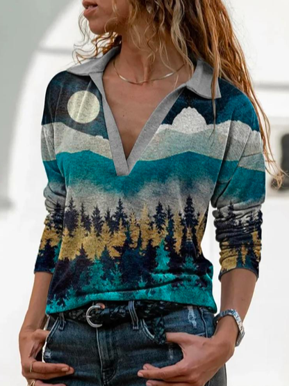 

Women Autumn Vacation Landscape Print Polyester High Elasticity Daily H-Line Regular Regular Size T-shirt, Multicolor, T-Shirts