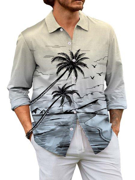 

Cotton Linen Hawaiian Resort Gradient Long Sleeve Shirt, As picture, Long Sleeve Shirts