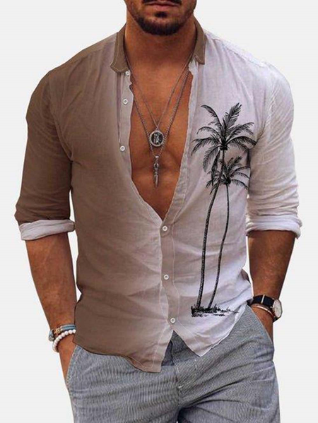 

Cotton Linen Hawaiian Resort Gradient Long Sleeve Shirt, As picture, Long Sleeve Shirts