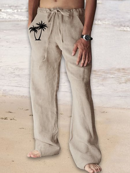 

Cotton Linen Hawaiian Print Casual Trousers, As picture, Men's pants