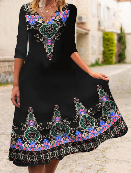 

Ethnic V Neck Casual Polyester Cotton Dresses, Black, Dresses