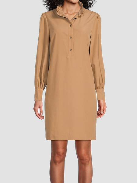 

Plain Autumn Urban Natural Lotus Leaf Collar Loose Midi Regular Shirt Dress Dresses for Women, Khaki, Midi Dresses