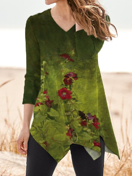 

Casual Floral V Neck Tops, Green, Shirts & Blouses